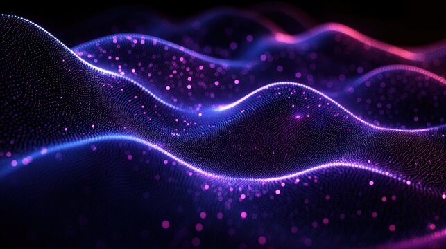 glowing purple and pink particle waves forming an undulating mesh of sparkling dots and bokeh, a futuristic mesmerizing digital landscape
