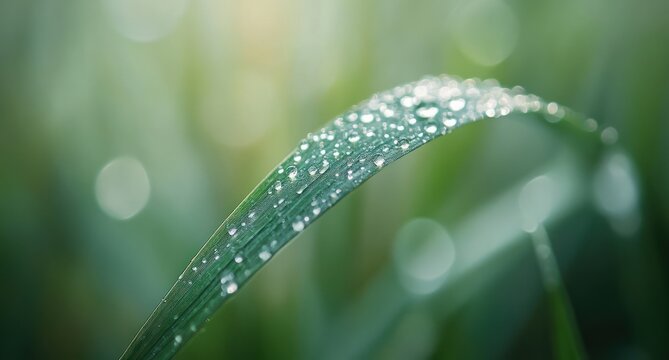 Single curved grass blade covered in dew drops with soft bokeh background, peaceful fresh morning mood