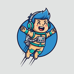 A happy cartoon boy astronaut with blue hair and headphones flying with a jetpack.