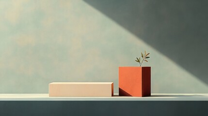 Minimal still life with a beige rectangular block and a terracotta cube planter holding a small leafy sprig on a shelf, bathed in soft diagonal light conveying calm and quiet balance