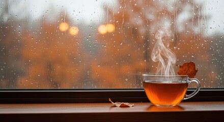 Steaming cup of warm beverage rests on a windowsill during a rainy autumn day outside