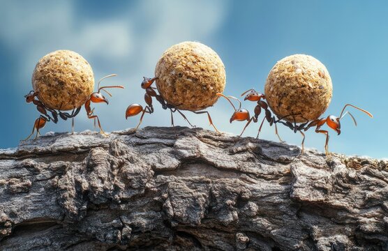 Three red ants carrying round food balls across textured tree bark under a bright blue sky, showing teamwork, determination, and hard work