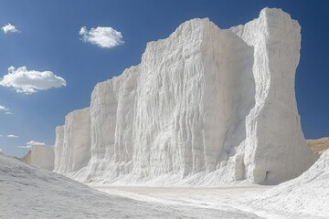 Sunlit towering white chalk cliffs and textured eroded rock walls beneath a clear blue sky, evoking awe and serenity