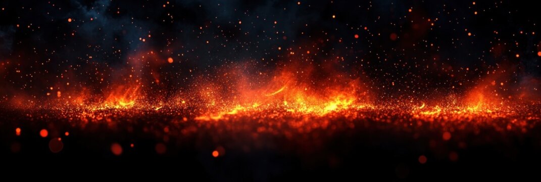 panoramic line of glowing embers and flying sparks above a smoldering dark ground with small flames and smoke, dramatic intense fiery atmosphere