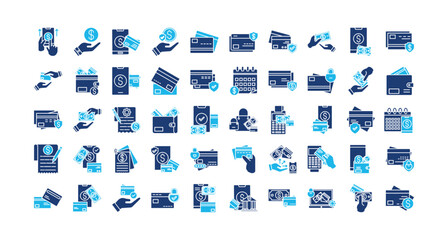 Payment card icon set collection. Containing operation, profit, touch, deal, management, note, cards .Solid vector icons collection