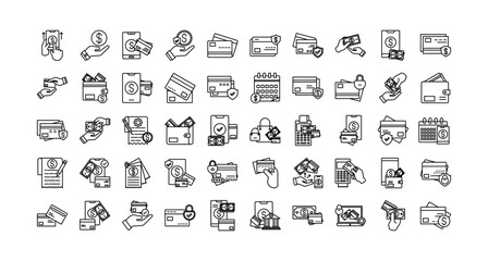 Art & IllustrationPayment card icon set collection. Containing operation, profit, touch, deal, management, note, cards .Line vector icons collection