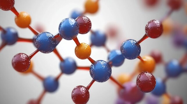 Close-up of glossy colorful molecular model with blue, red and orange spheres connected by red rods, dynamic scientific futuristic abstract composition
