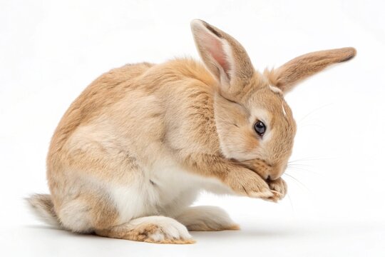 A fluffy brown rabbit is grooming itself with its paws against a clean white background. - Powered by Adobe