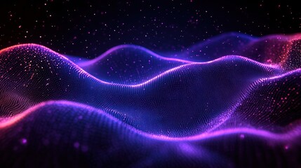 Glowing neon particle waves forming an undulating digital landscape, serene futuristic and ethereal mood