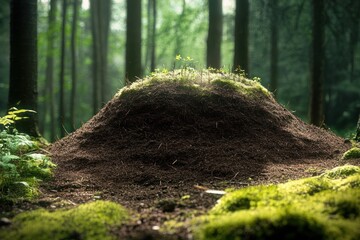 moss-covered ant mound topped with tiny seedlings bathed in soft sunlight in a quiet misty forest, evoking calm and wonder