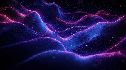 undulating field of glowing purple and pink particles forming neon wave-like hills over a dark starry background, dreamy futuristic atmosphere