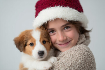 happy child embraces puppy wearing christmas hat radiating pure joy and endless happiness