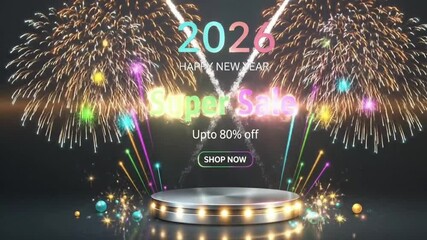 Shiny metallic podium with ring light surrounded by colorful fireworks explosion and realistic glowing elements promoting massive seasonal shopping discounts for Happy New Year 2026 Eve Super Sale eve - Powered by Adobe