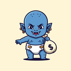 A mischievous blue baby goblin or imp with fangs and piercings, wearing a diaper and holding a money bag with a dollar sign.