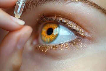 Close-up of an amber eye with gold glitter on lashes and eyelid as a dropper releases a single drop, evoking serene delicate beauty and cautious anticipation