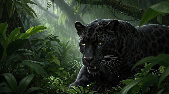 Powerful black jaguar prowling stealthily through a dense, lush, vibrant rainforest