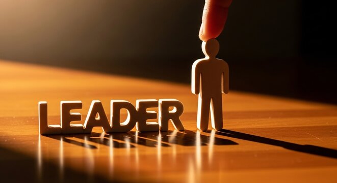 The power of leadership a wooden figure stands tall beside the word 'leader' casting a long shadow
