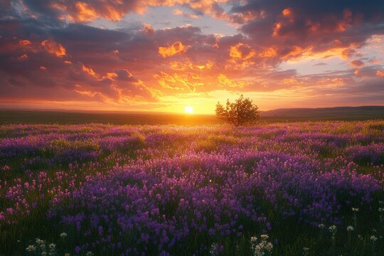 Golden sunrise over a vast purple wildflower meadow with a lone shrub, glowing dramatic clouds, daisies in the foreground and a peaceful, awe-inspiring mood