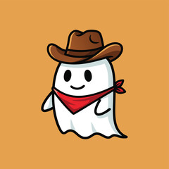 A cute cartoon ghost wearing a brown cowboy hat and a red bandana, smiling on an orange background.