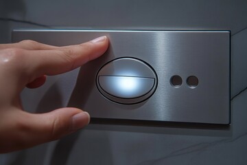 Finger pressing illuminated stainless steel dual flush toilet button on sleek wall plate, close-up conveying cleanliness and modern tactile control