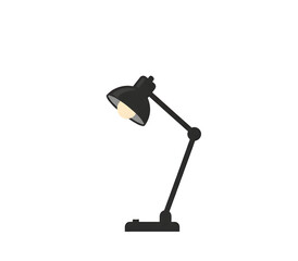 A black adjustable desk lamp with a glowing bulb on a white background, providing illumination for various tasks.