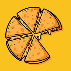A cartoon illustration of a round, cheesy quesadilla or pizza cut into six slices with one piece slightly separated, on a yellow background.