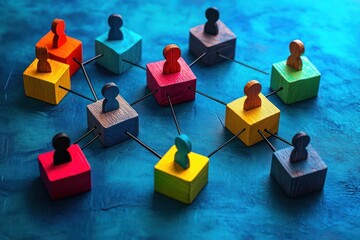 colorful wooden block network with peg people connected by rods on a textured blue surface, conveying teamwork and collaboration