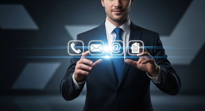 Businessman interacting with modern digital communication icons on a futuristic interface