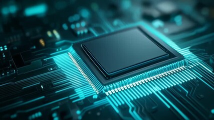 Futuristic close-up view of a microprocessor on a circuit board with glowing connections - Powered by Adobe
