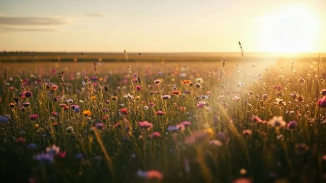 Summer meadow filled with colorful blooming wildflowers at golden hour. Serene nature landscape with a beautiful sunset and soft light for a peaceful background concept