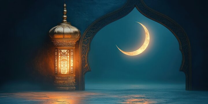 ornate brass lantern glowing beside a carved decorative arch framing a luminous crescent moon over calm reflective water, tranquil mystical night atmosphere - Powered by Adobe