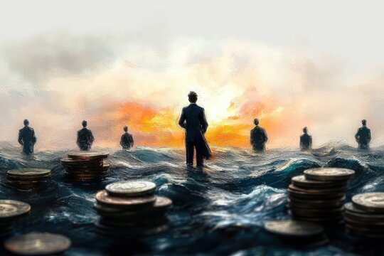 Silhouetted businessmen in suits standing on ocean waves and stacked coins at sunrise, a surreal scene of isolation, uncertainty and contemplative resolve
