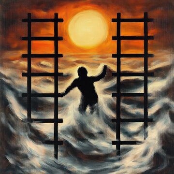 silhouette wading through swirling waves between two ladders toward a glowing sun under an orange sky, evoking longing, hope and surreal determination