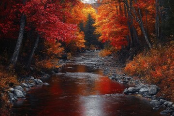 tranquil forest stream with rocky banks and vivid red and orange autumn trees reflecting in calm water, serene and moody fall landscape