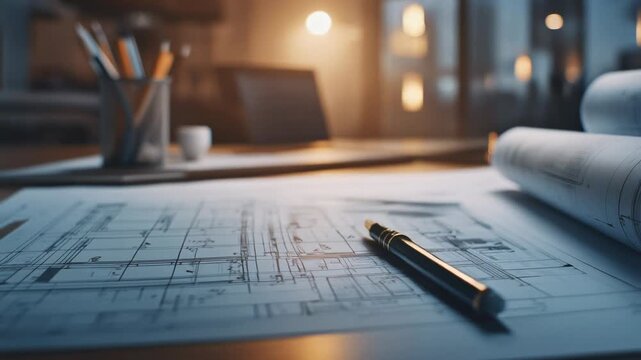 Creative workspace with architectural blueprints and elegant pen in a modern office setting