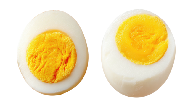 Two halves of a perfectly cooked hard-boiled egg against a black background (1)