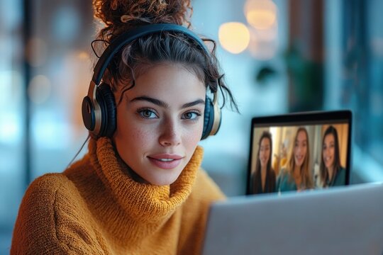 person in mustard turtleneck and headphones focused on a laptop video call in a warm softly lit indoor setting
