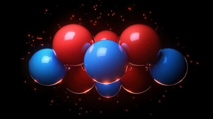 Cluster of glossy red and blue spheres on a dark reflective surface with glowing orange sparks, vibrant futuristic and energetic mood