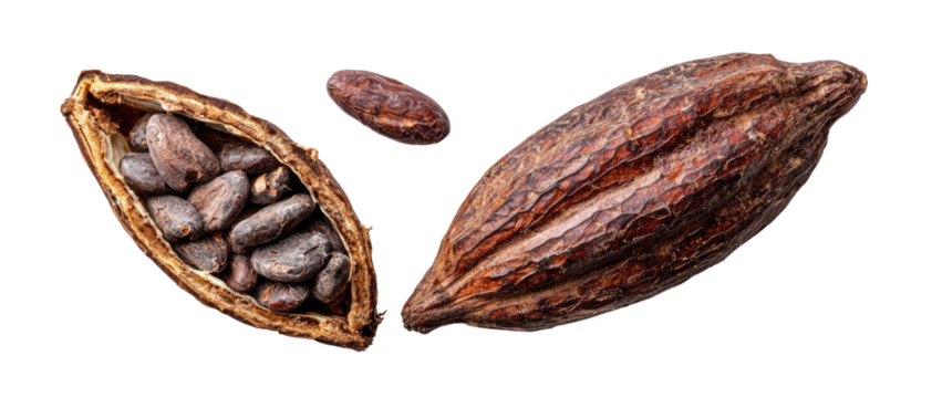 Ripe cacao pod split open revealing seeds; one intact pod; one loose seed