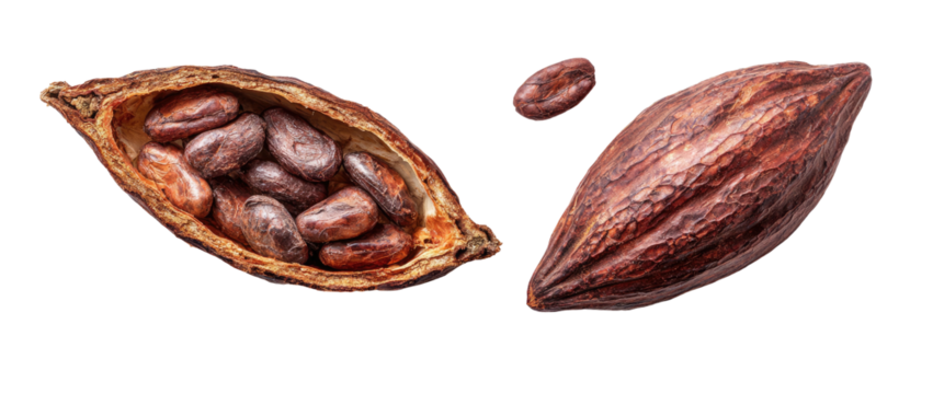 Ripe cocoa pod opened showing beans, and a whole pod