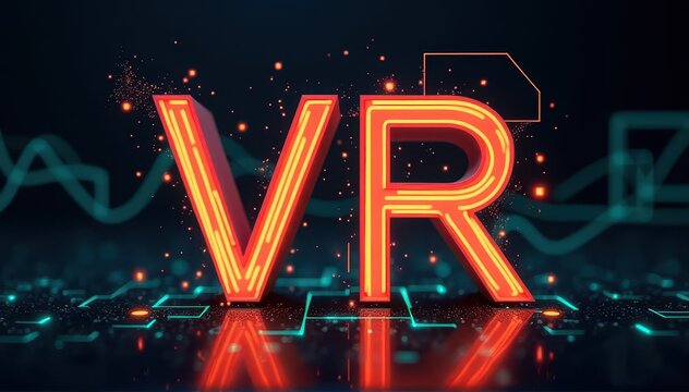 A glowing VR text display stands on a futuristic digital surface with neon lights and floating particles creating a vibrant high tech atmosphere that highlights virtual reality innovation