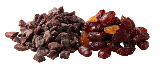 Obraz premium Piles of dark chocolate chunks and dried grapes