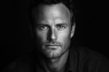 moody black and white close-up portrait of a man showing hair ear stubbled neck and collared shirt in dramatic low key lighting, serious and introspective mood