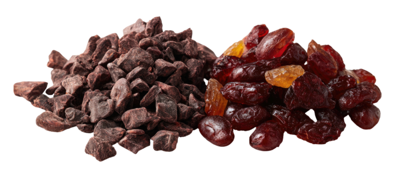 Piles of dark chocolate chunks and dried grapes