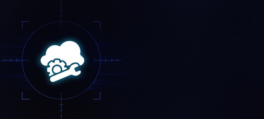glowing cloud icon overlayed with a gear and a wrench represents cloud configuration or maintenance