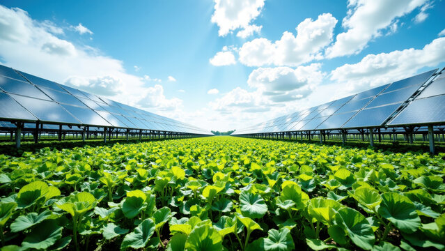 A vibrant green crop field lies between two rows of solar panels.