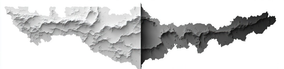 Obraz premium split monochrome topographic relief map showing layered textured terrain with light left and dark mirrored right, dramatic contrast and contemplative mood