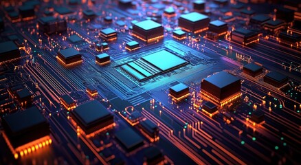Close-up of a glowing electronic circuit board with central processor and multiple integrated chips, illuminated traces and vibrant blue and orange lights conveying high-tech energy