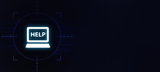 glowing laptop icon displays the word HELP, representing technical support or assistance services