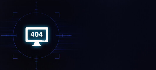 glowing computer monitor icon displays 404, signifying an error, a broken link, or a page not found
